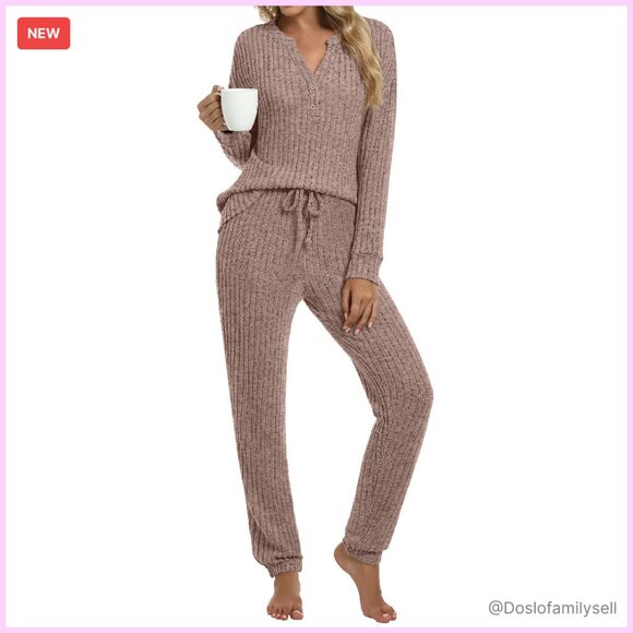 Soft Lounge Set Long Sleeve Henley Top & Pants Comfortable Chic Loungewear